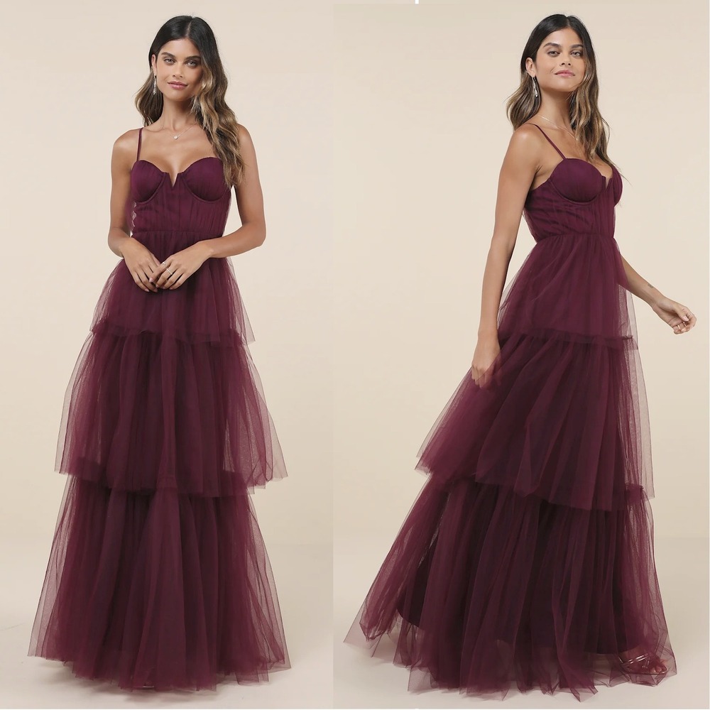 Lulus Unforgettable Poise‎ Plum Purple Tulle Bustier Tiered Maxi Dress S Maroon